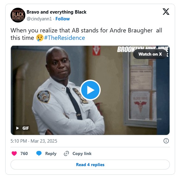 Twitter User commenting about the moment they realize that AB stands for Andre Braugher.